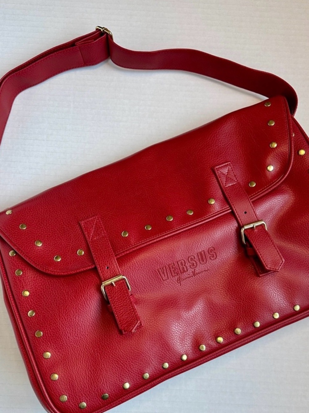 Versus Versace Red Studded Leather Messenger Bag